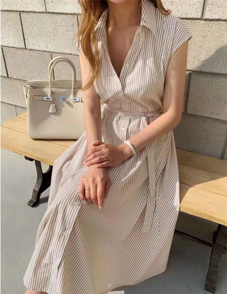 Women Striped Reglan Lace Up Elegant Long Dresses