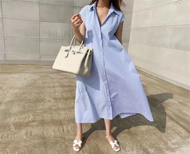 Women Striped Reglan Lace Up Elegant Long Dresses