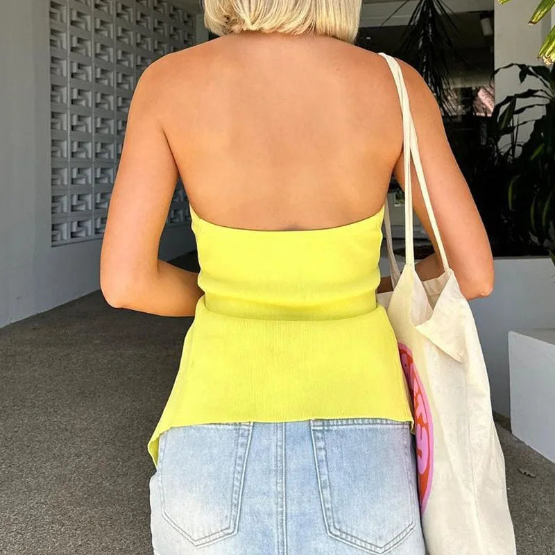 Women Sexy Backless Off Shoulder Hem Slit Crop Tops