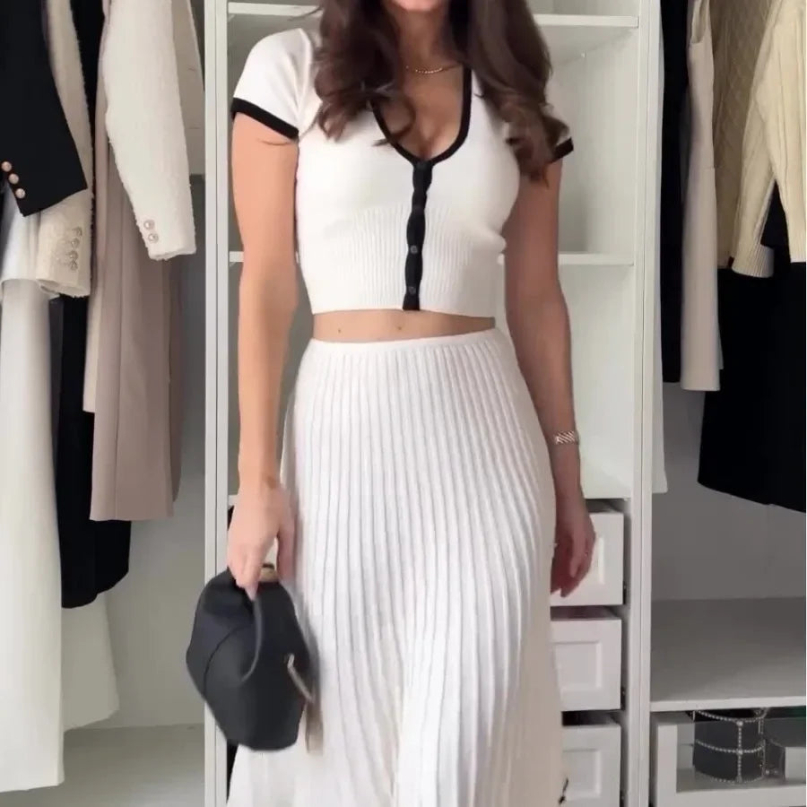 Two Piece Women Short Sleeve V Neck Skirt Set