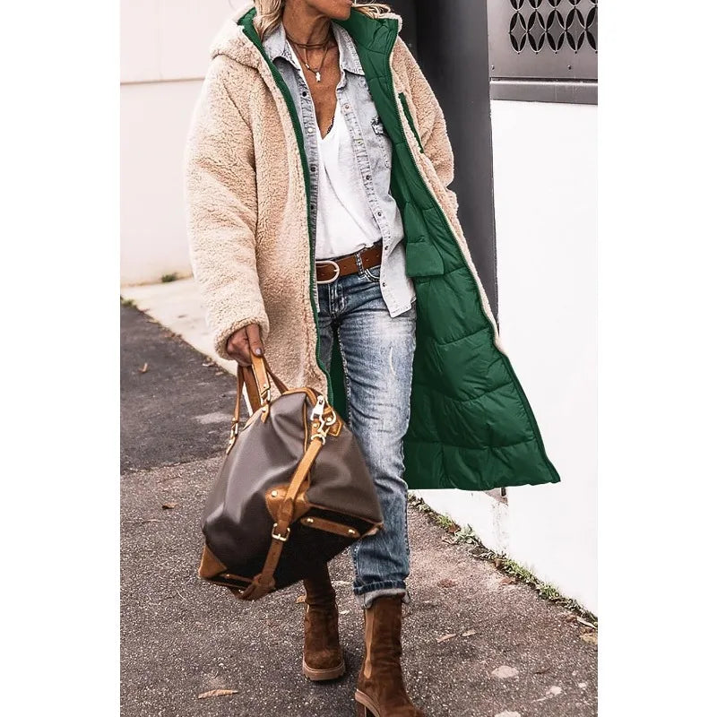 Reversible Sherpa Fleece Long Hooded Puffer Jacket