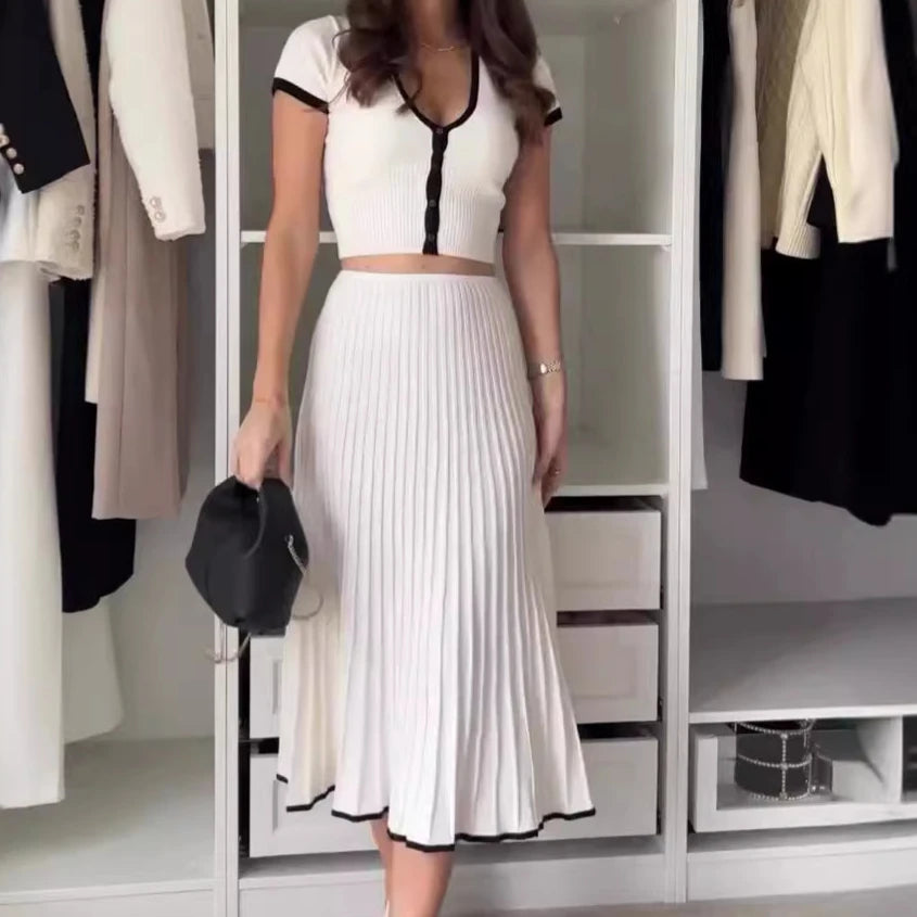 Two Piece Women Short Sleeve V Neck Skirt Set