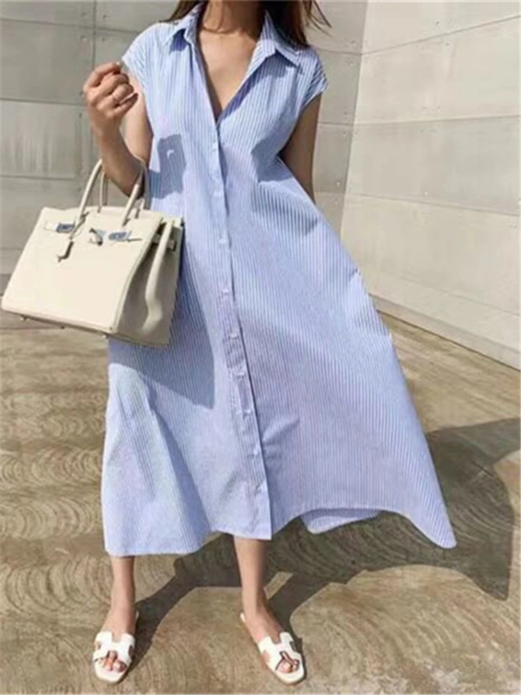Women Striped Reglan Lace Up Elegant Long Dresses