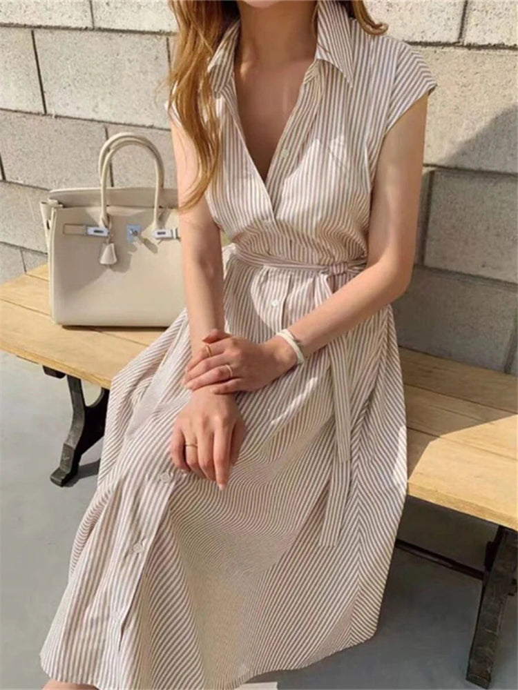 Women Striped Reglan Lace Up Elegant Long Dresses