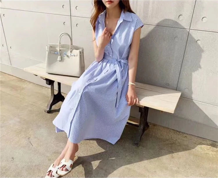 Women Striped Reglan Lace Up Elegant Long Dresses