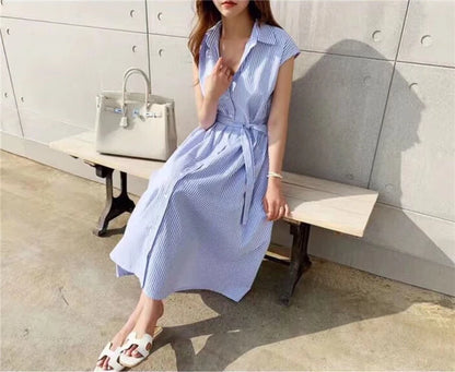Women Striped Reglan Lace Up Elegant Long Dresses