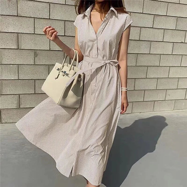 Women Striped Reglan Lace Up Elegant Long Dresses