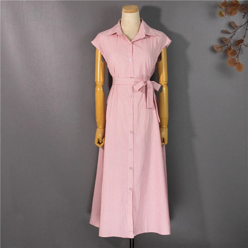 Women Striped Reglan Lace Up Elegant Long Dresses
