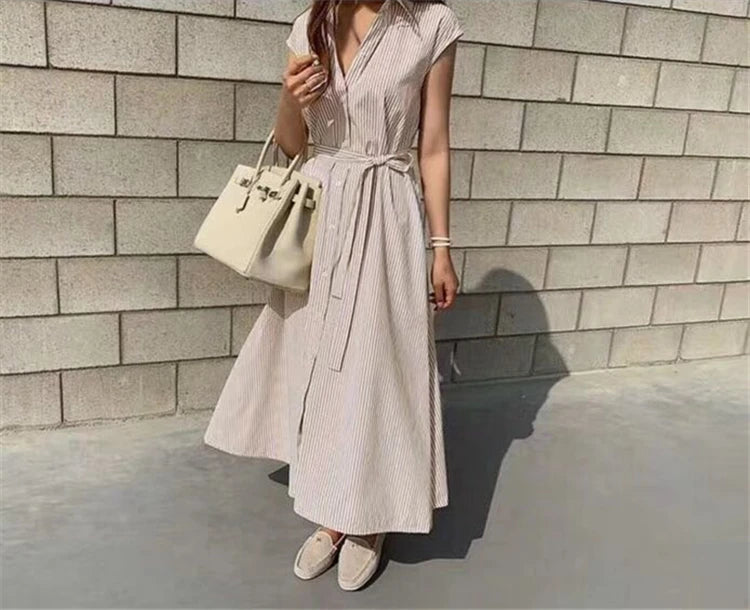 Women Striped Reglan Lace Up Elegant Long Dresses