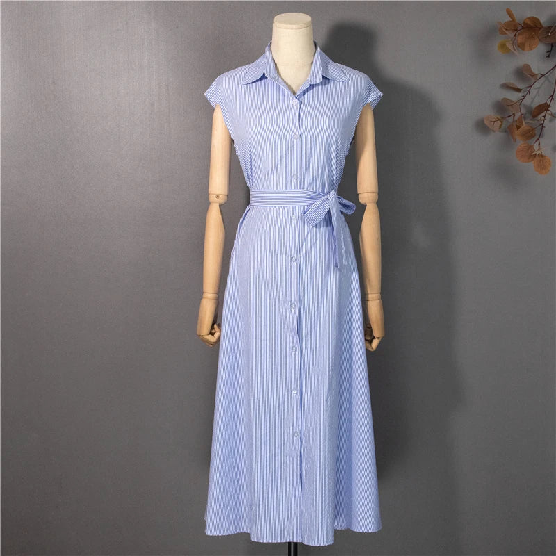Women Striped Reglan Lace Up Elegant Long Dresses