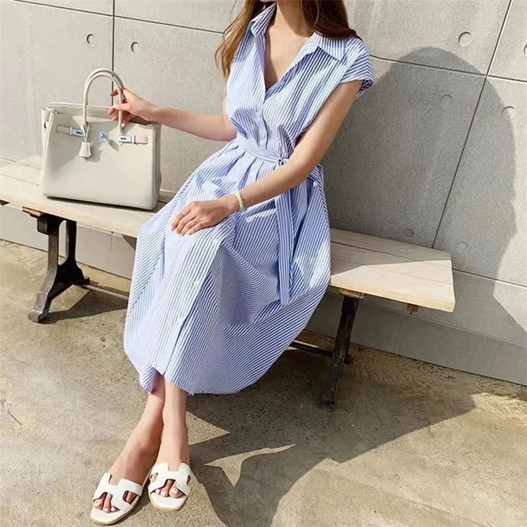 Women Striped Reglan Lace Up Elegant Long Dresses