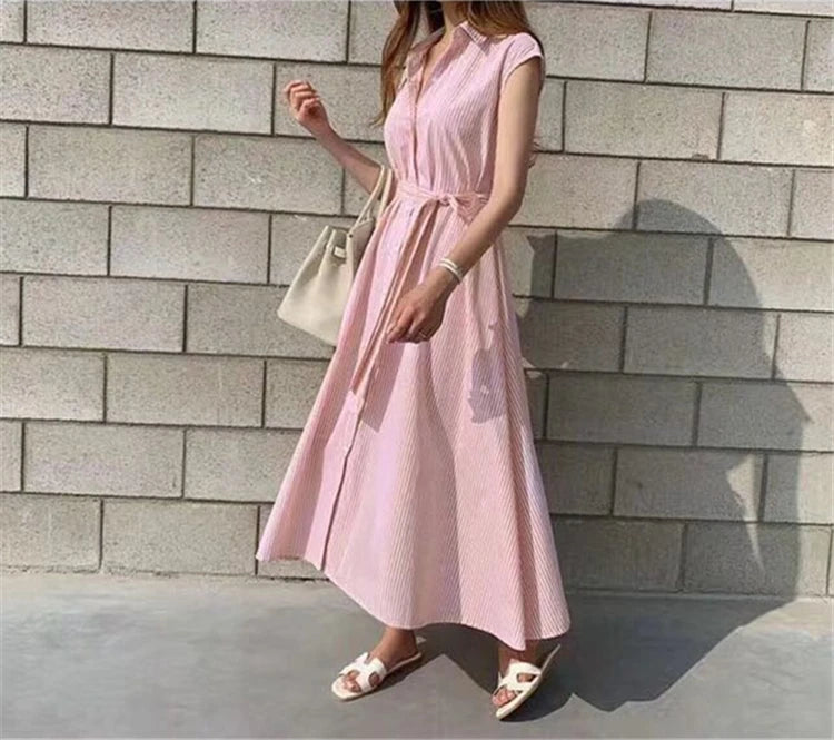 Women Striped Reglan Lace Up Elegant Long Dresses