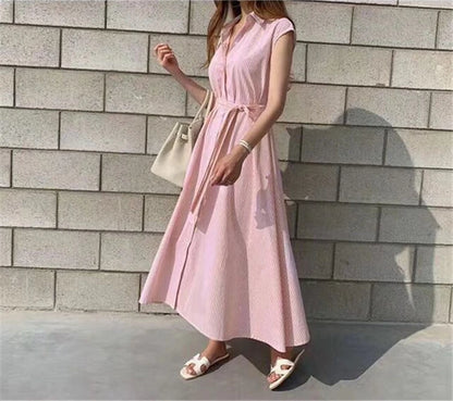 Women Striped Reglan Lace Up Elegant Long Dresses