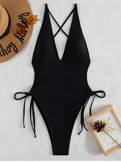 Solid Lace Up Swimsuit For Woman