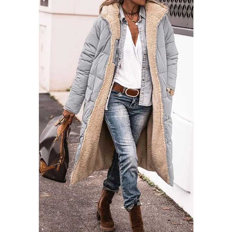 Reversible Sherpa Fleece Long Hooded Puffer Jacket