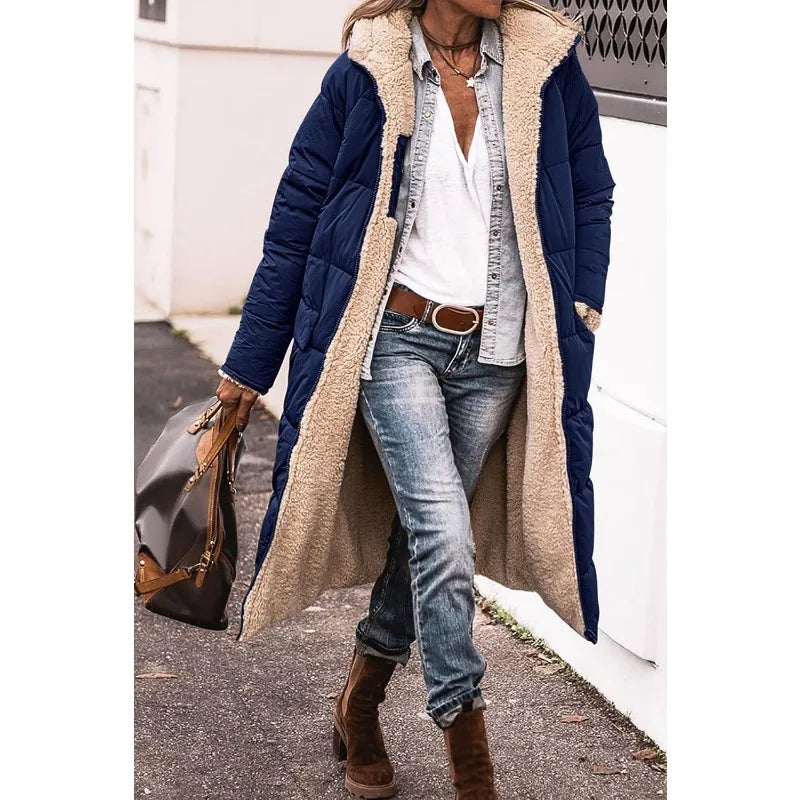 Reversible Sherpa Fleece Long Hooded Puffer Jacket
