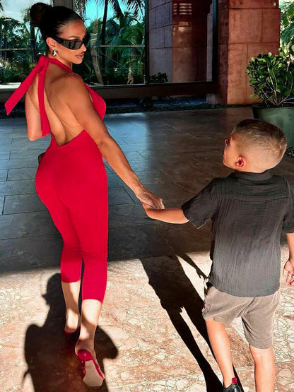 Sleeveless Halter Backless Lace Up Jumpsuit