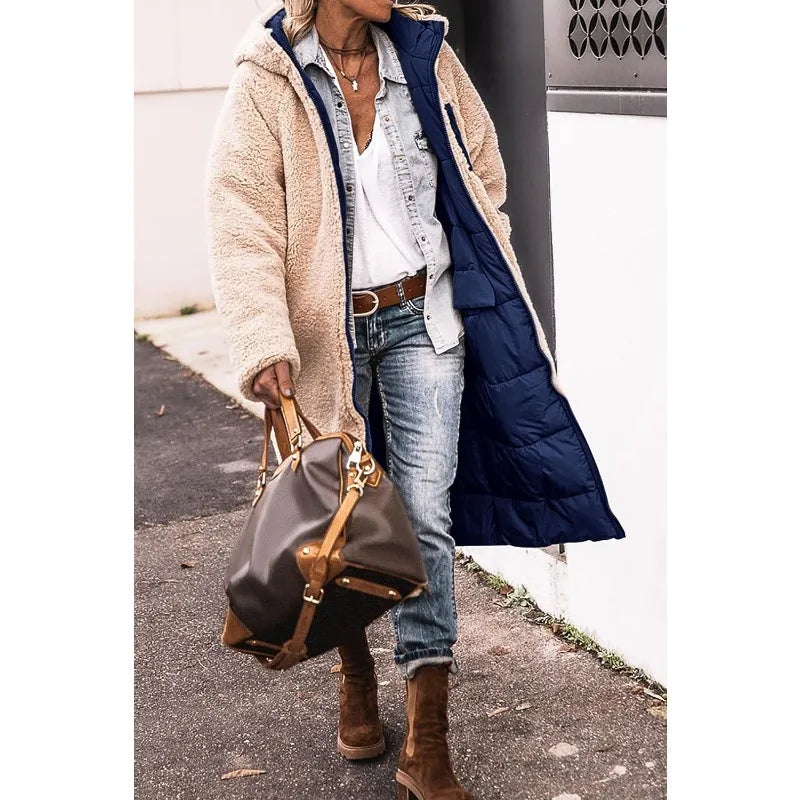 Reversible Sherpa Fleece Long Hooded Puffer Jacket