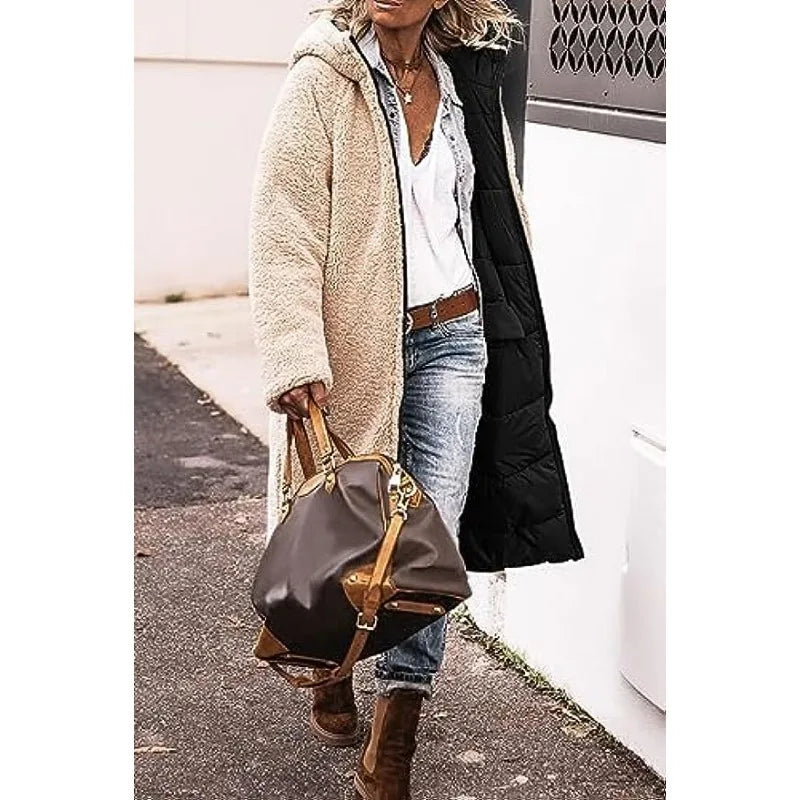 Reversible Sherpa Fleece Long Hooded Puffer Jacket