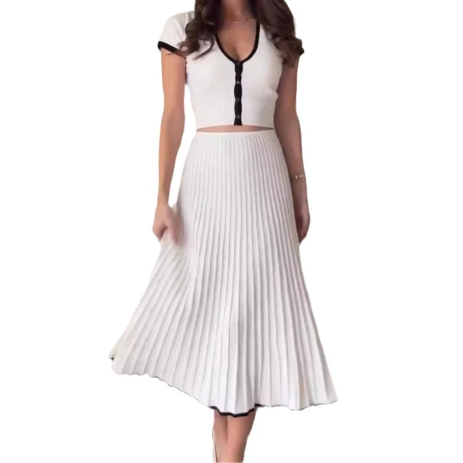 Two Piece Women Short Sleeve V Neck Skirt Set