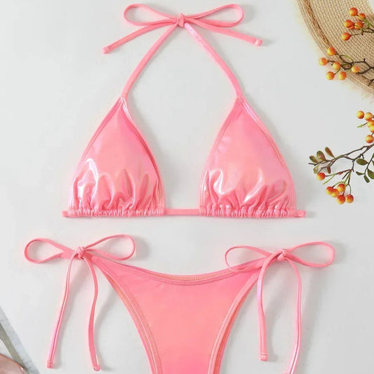 Leather Halter Strappy Gradient Bikini