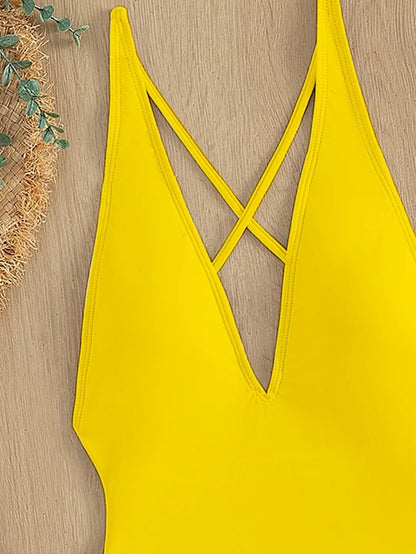 Solid Lace Up Swimsuit For Woman