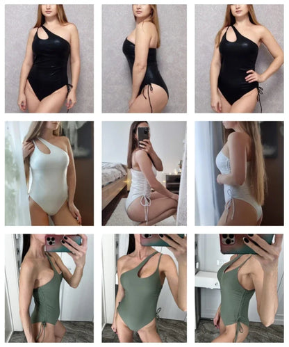 Solid Lace Up Swimsuit For Woman