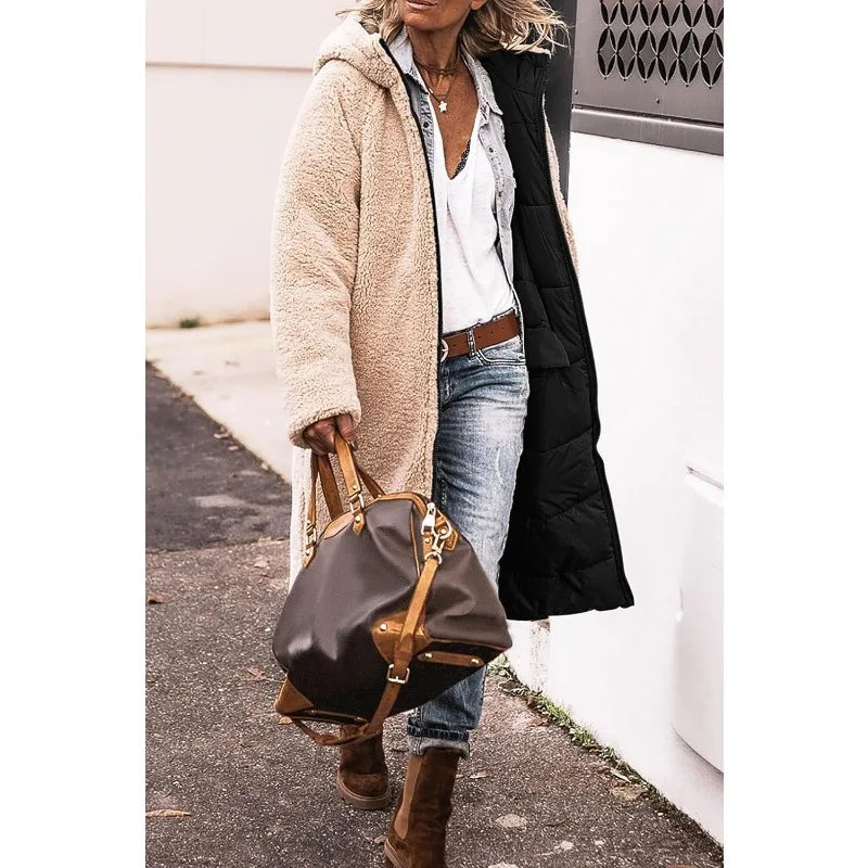 Reversible Sherpa Fleece Long Hooded Puffer Jacket