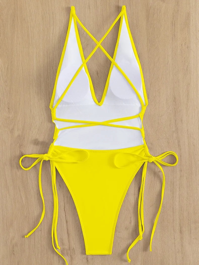 Solid Lace Up Swimsuit For Woman