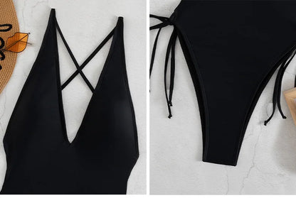 Solid Lace Up Swimsuit For Woman