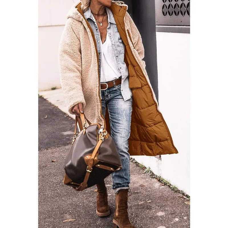 Reversible Sherpa Fleece Long Hooded Puffer Jacket