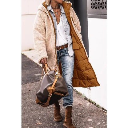 Reversible Sherpa Fleece Long Hooded Puffer Jacket