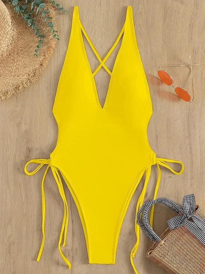 Solid Lace Up Swimsuit For Woman