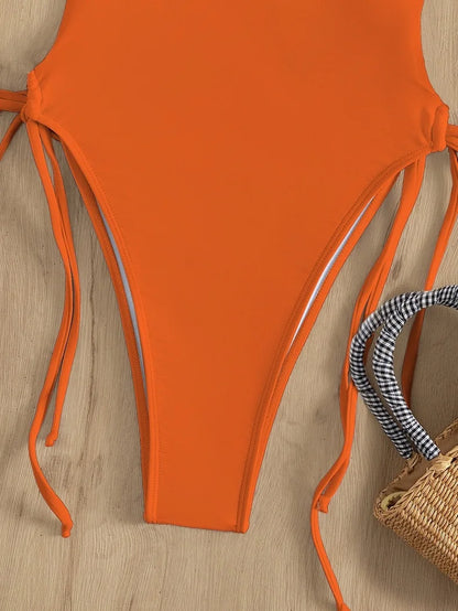 Solid Lace Up Swimsuit For Woman