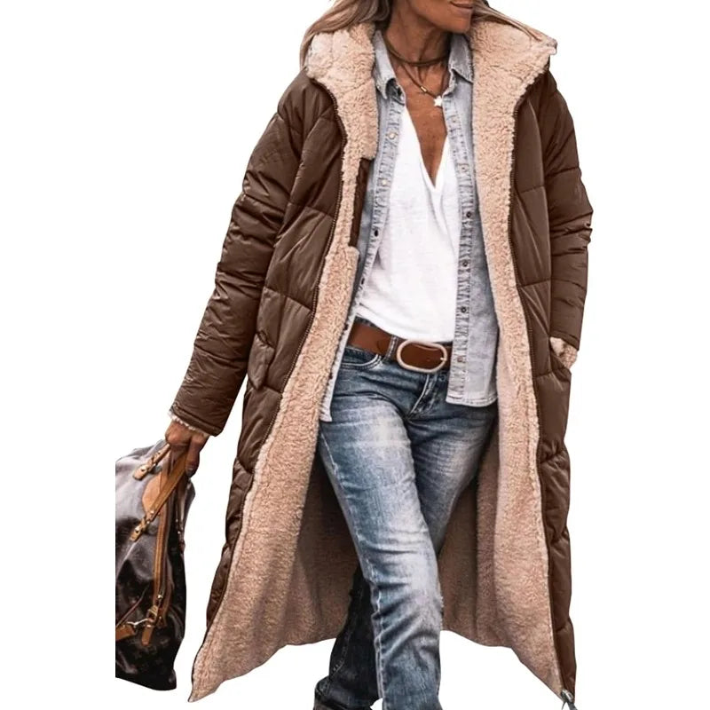 Reversible Sherpa Fleece Long Hooded Puffer Jacket
