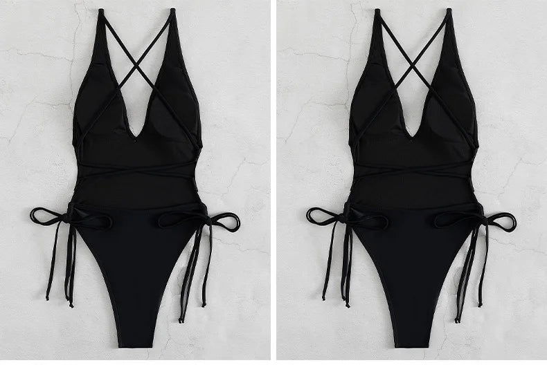 Solid Lace Up Swimsuit For Woman