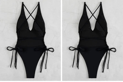 Solid Lace Up Swimsuit For Woman