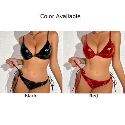 Women Sexy Halter Lace Up PU Leather Bikinis