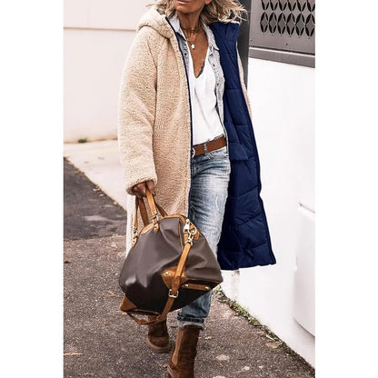 Reversible Sherpa Fleece Long Hooded Puffer Jacket