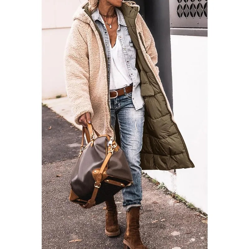 Reversible Sherpa Fleece Long Hooded Puffer Jacket