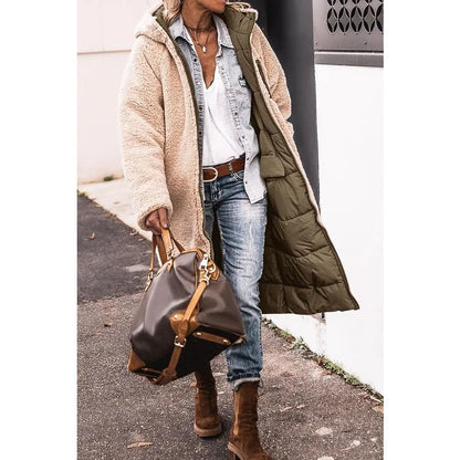 Reversible Sherpa Fleece Long Hooded Puffer Jacket