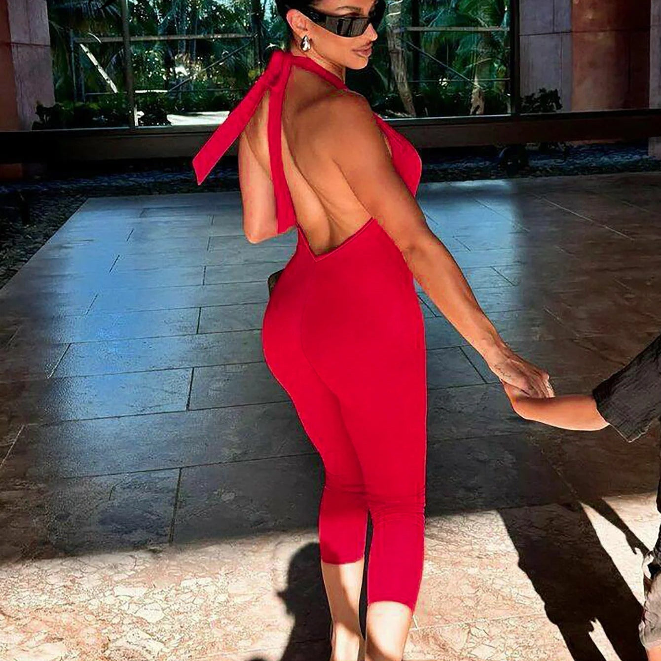 Sleeveless Halter Backless Lace Up Jumpsuit
