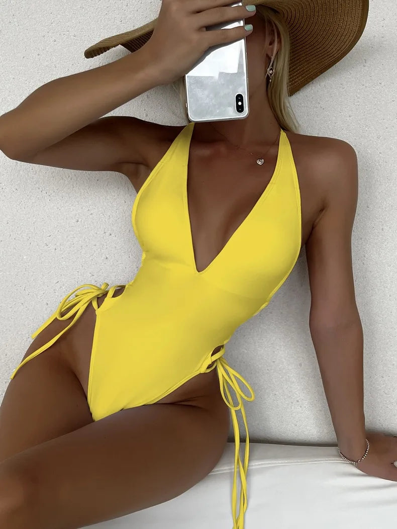 Solid Lace Up Swimsuit For Woman