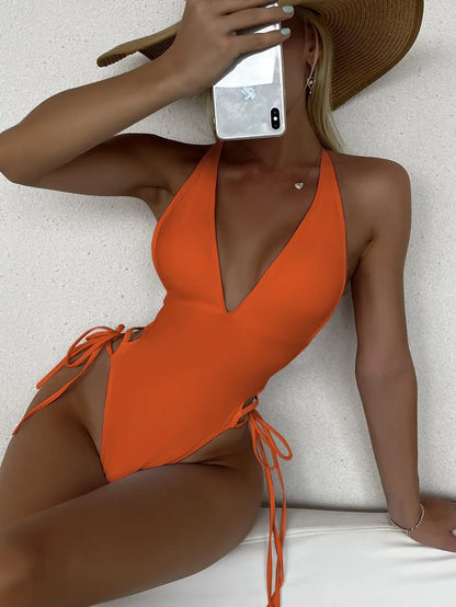 Solid Lace Up Swimsuit For Woman