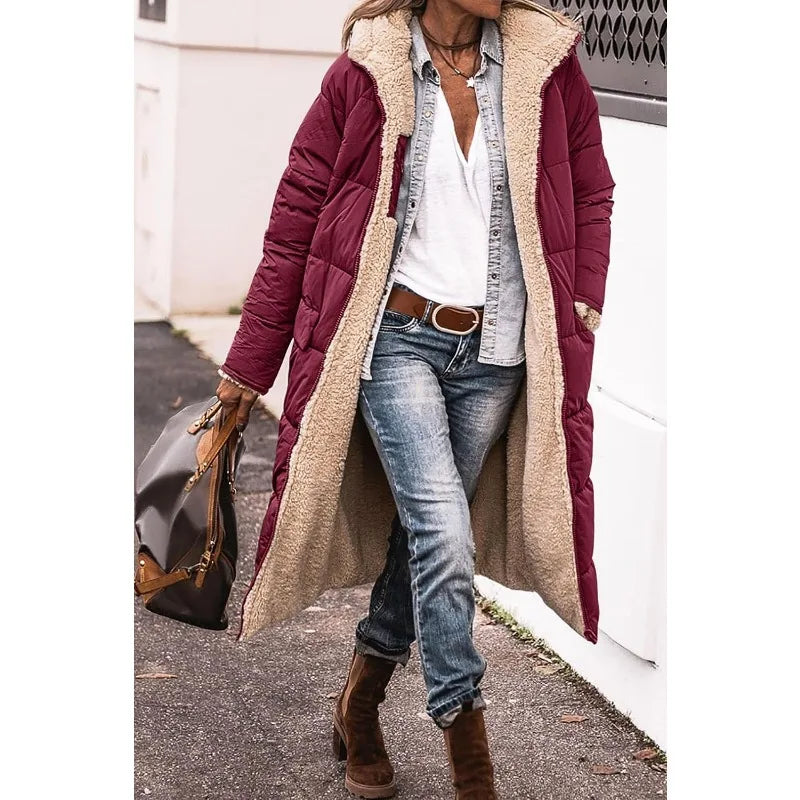 Reversible Sherpa Fleece Long Hooded Puffer Jacket