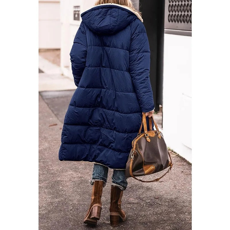 Reversible Sherpa Fleece Long Hooded Puffer Jacket