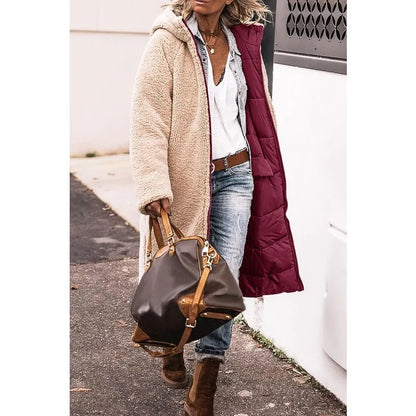 Reversible Sherpa Fleece Long Hooded Puffer Jacket