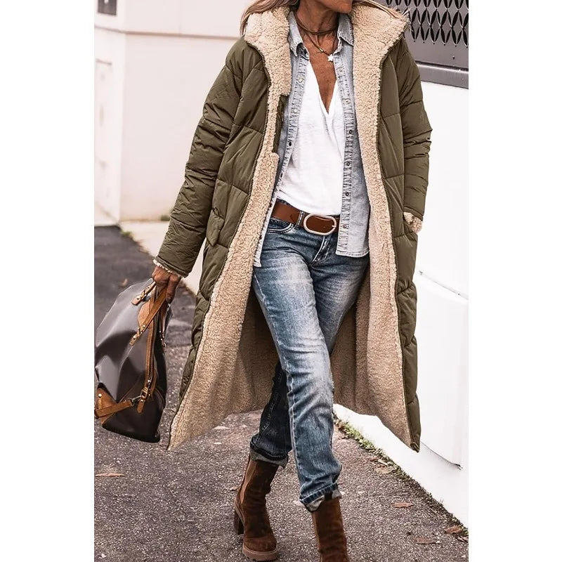 Reversible Sherpa Fleece Long Hooded Puffer Jacket