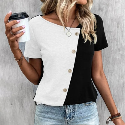 Classic Black White Button Up Asymmetrical T-Shirt