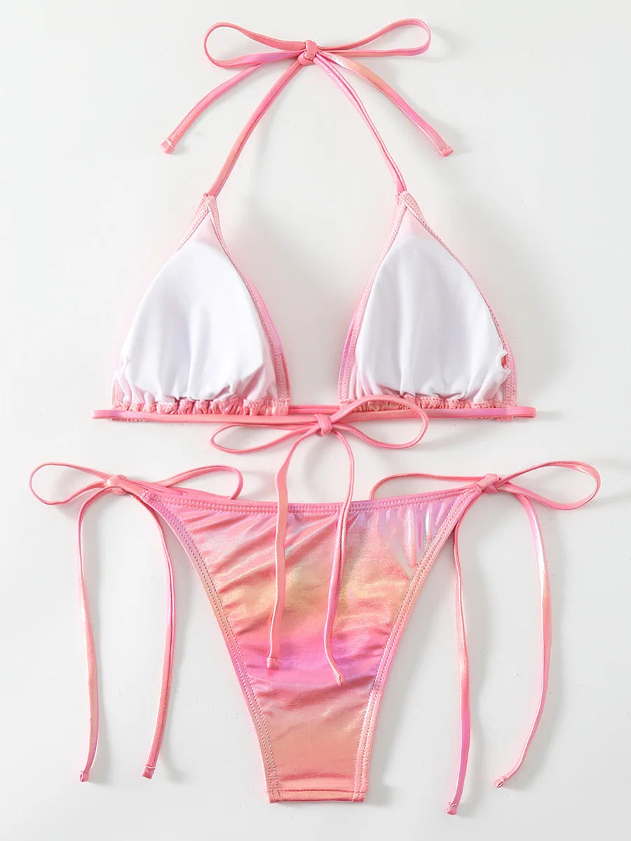 Leather Halter Strappy Gradient Bikini